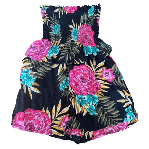 Billabong Pants - Women's Billabong Strapless Romper Hawaiian Print on black ruched bodice Sz Xs